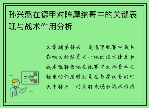 孙兴慜在德甲对阵摩纳哥中的关键表现与战术作用分析 孙兴慜在德甲对阵摩纳哥中的关键表现与战术作用分析