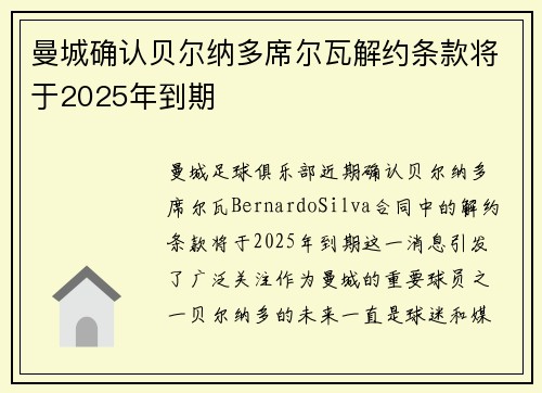 曼城确认贝尔纳多席尔瓦解约条款将于2025年到期